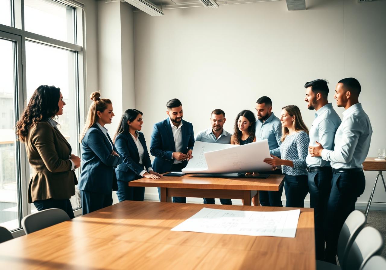A team reviewing project blueprints in a bright meeting room