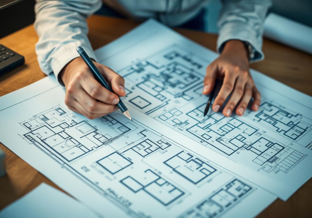 Architect working on detailed blueprints